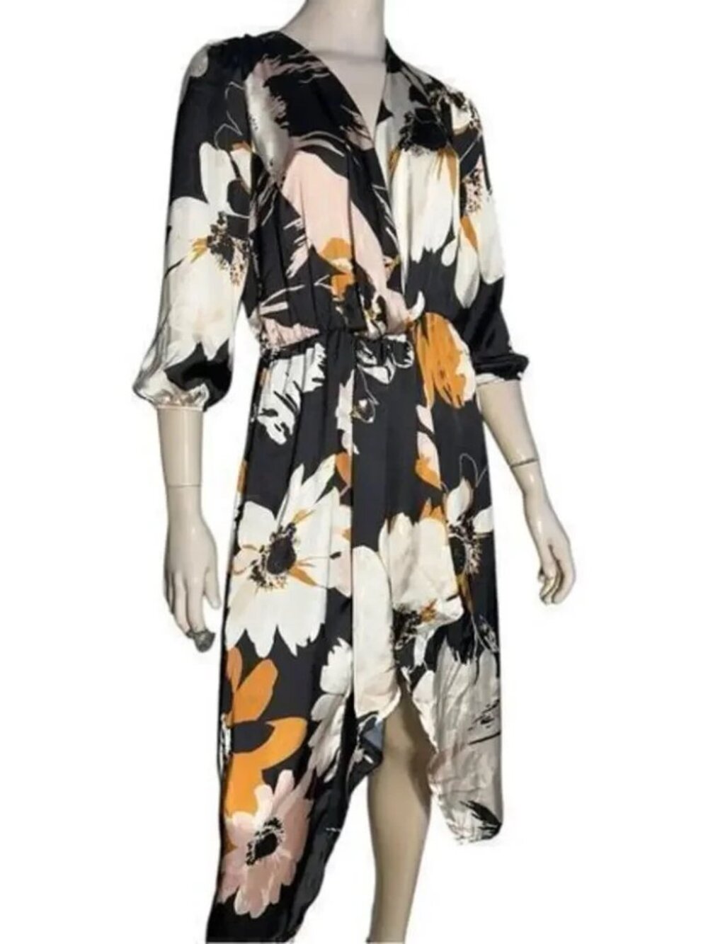 Rinascimento Women’s Size M Black White Floral Surplice Neck Midi Dress